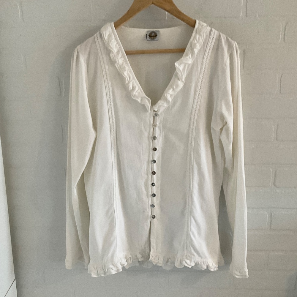 Vintage La Cotonnière Button down Blouse Ruffled Off White Cottagecore Sz XL - Picture 2 of 14
